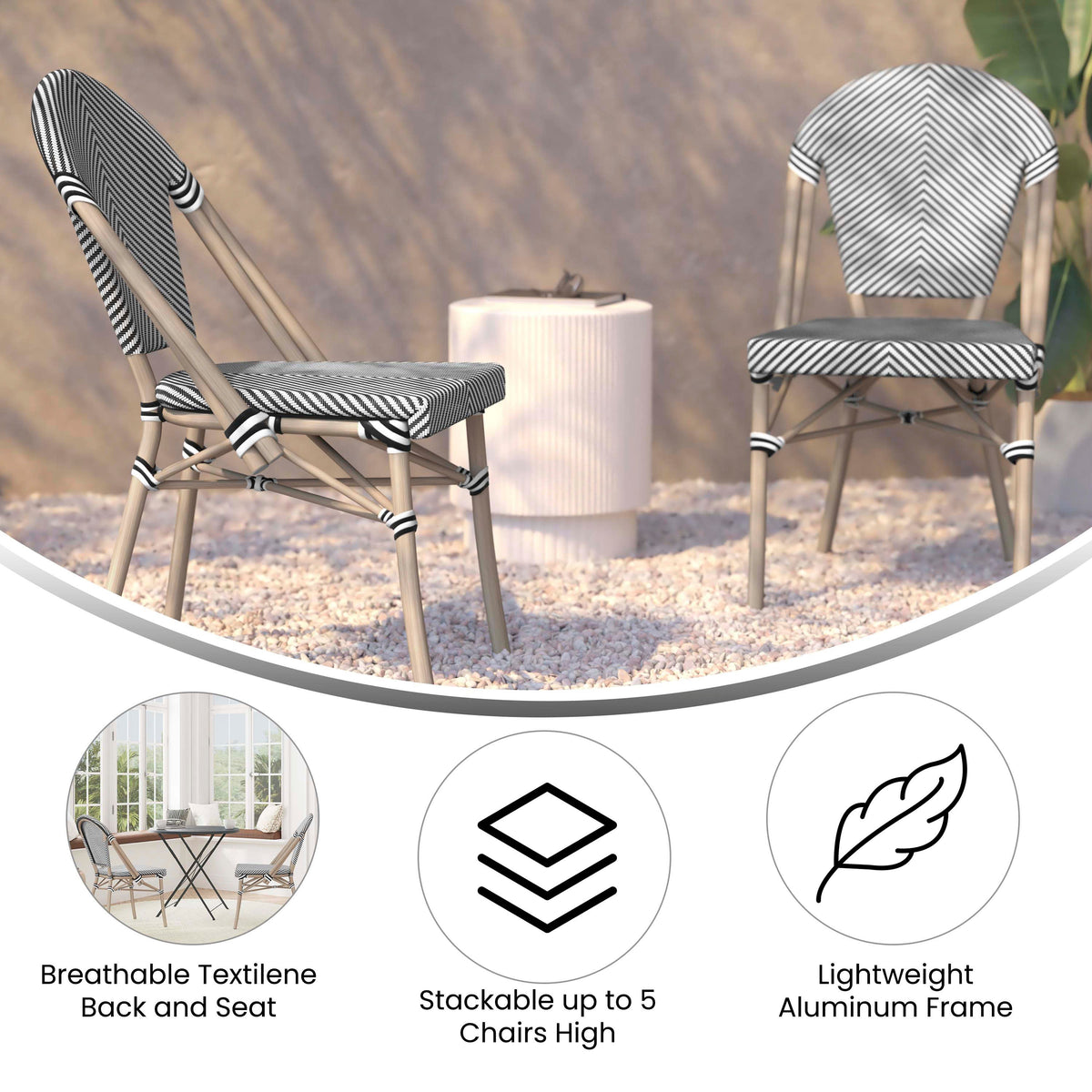 Black & White/Light Natural Frame |#| All-Weather Commercial Paris Chair with Light Natural Aluminum Frame-Black/White