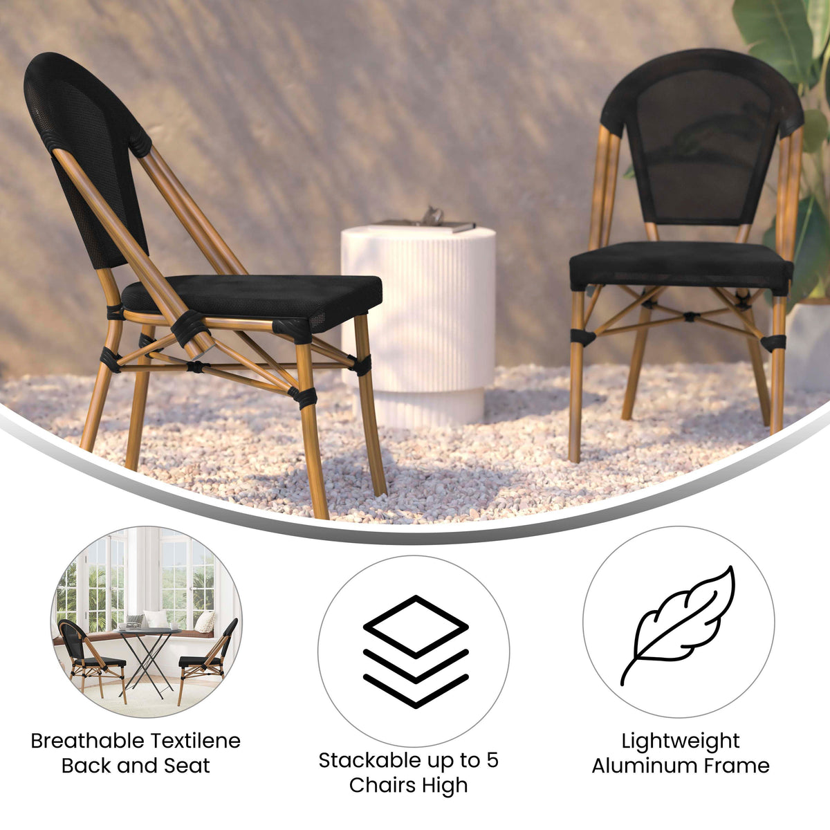 Black/Natural Frame |#| All-Weather Commercial Paris Chair with Natural Aluminum Frame-Black