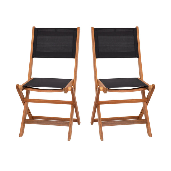 2PK All-Weather Acacia Wood Folding Bistro Chairs-Mesh Back/Seat-Natural/Black