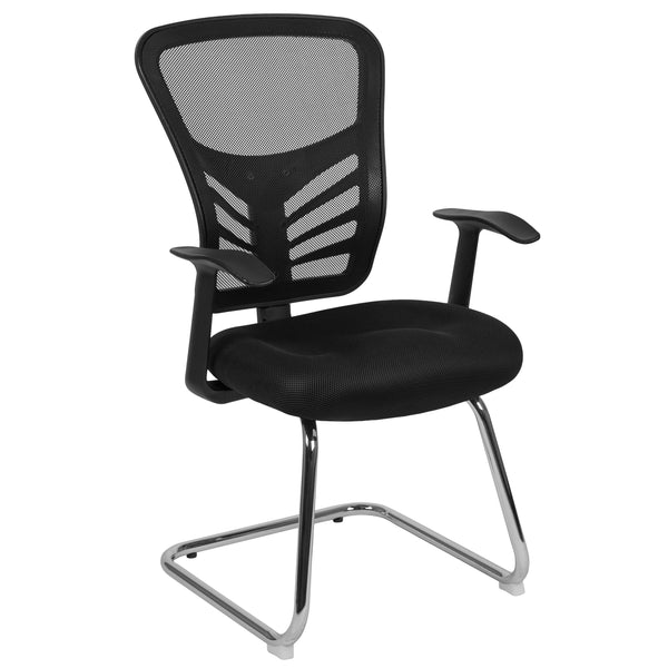 Black Mesh Side Reception Chair with Chrome Sled Base - Conference Room Chair