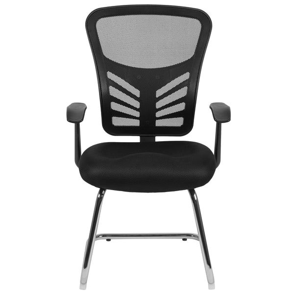 Black Mesh Side Reception Chair with Chrome Sled Base - Conference Room Chair