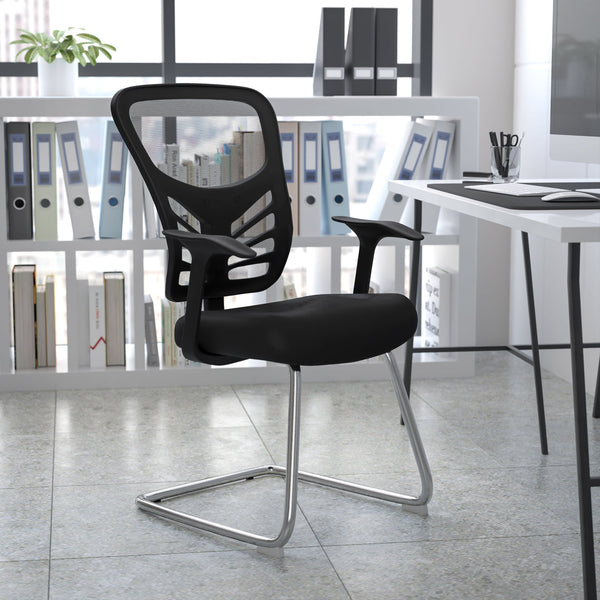 Black Mesh Side Reception Chair with Chrome Sled Base - Conference Room Chair