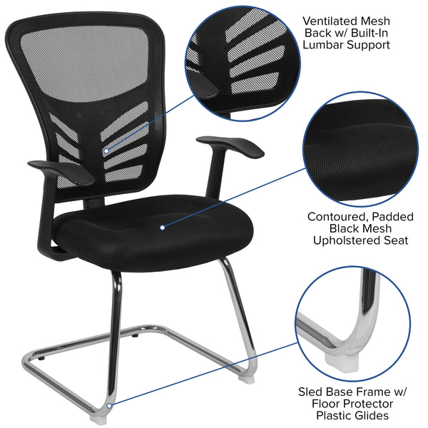 Black Mesh Side Reception Chair with Chrome Sled Base - Conference Room Chair