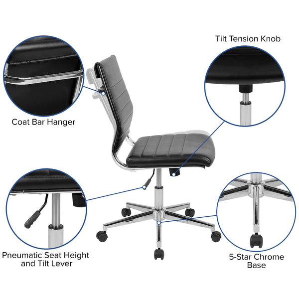 Black |#| Mid-Back Armless Black LeatherSoft Ribbed Executive Swivel Office Chair