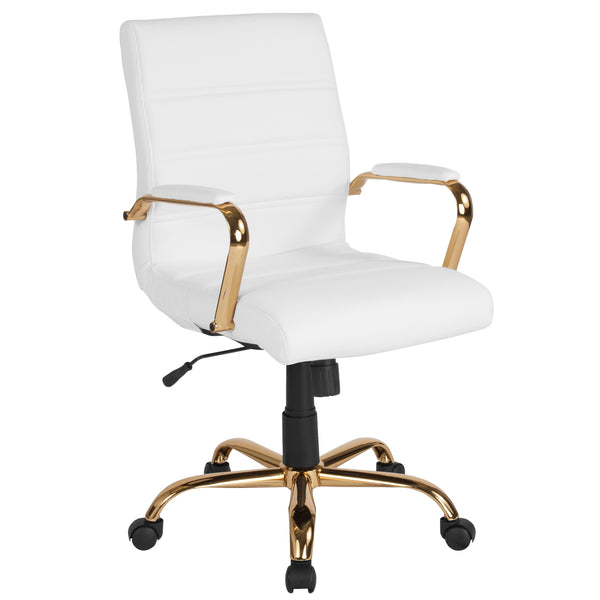 White LeatherSoft/Gold Frame |#| Mid-Back White LeatherSoft Executive Swivel Office Chair with Gold Frame/Arms