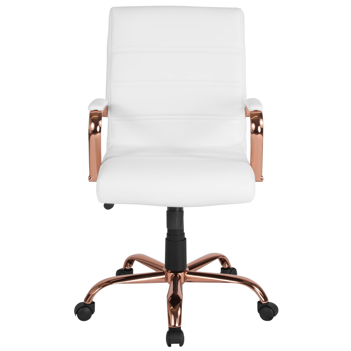 White LeatherSoft/Rose Gold Frame |#| Mid-Back White LeatherSoft Executive Swivel Office Chair - Rose Gold Frame/Arms