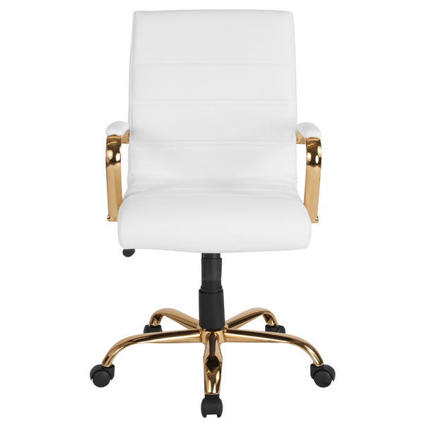 White LeatherSoft/Gold Frame |#| Mid-Back White LeatherSoft Executive Swivel Office Chair with Gold Frame/Arms