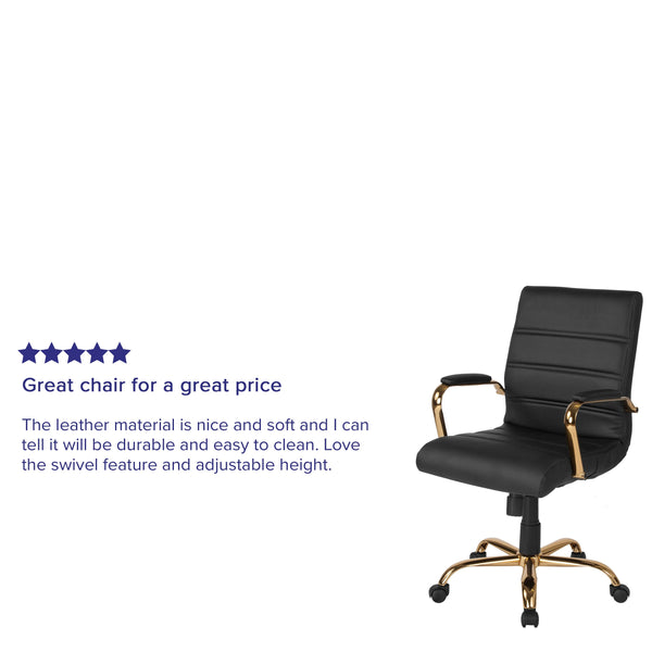 Black LeatherSoft/Gold Frame |#| Mid-Back Black LeatherSoft Executive Swivel Office Chair with Gold Frame/Arms