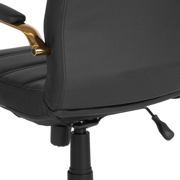 Black LeatherSoft/Gold Frame |#| Mid-Back Black LeatherSoft Executive Swivel Office Chair with Gold Frame/Arms