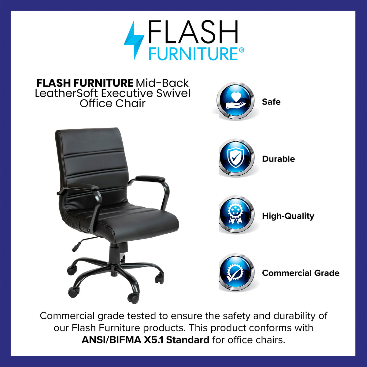 Black LeatherSoft/Black Frame |#| Mid-Back Black LeatherSoft Executive Swivel Office Chair with Black Frame/Arms