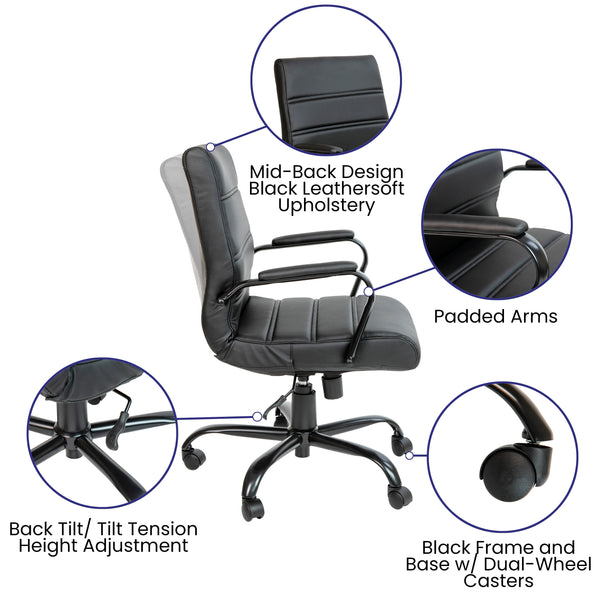 Black LeatherSoft/Black Frame |#| Mid-Back Black LeatherSoft Executive Swivel Office Chair with Black Frame/Arms