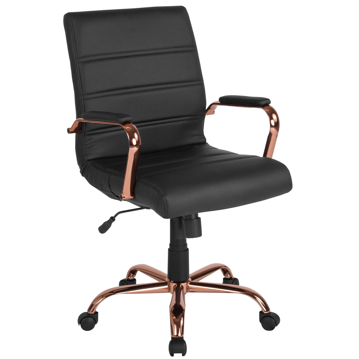 Black LeatherSoft/Rose Gold Frame |#| Mid-Back Black LeatherSoft Executive Swivel Office Chair - Rose Gold Frame/Arms