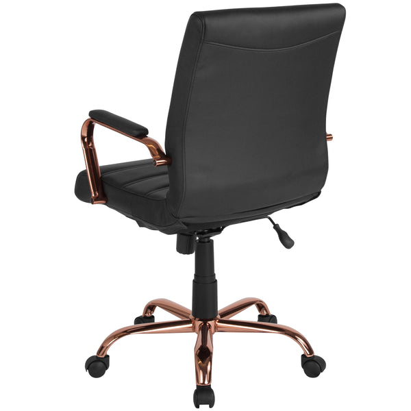 Black LeatherSoft/Rose Gold Frame |#| Mid-Back Black LeatherSoft Executive Swivel Office Chair - Rose Gold Frame/Arms