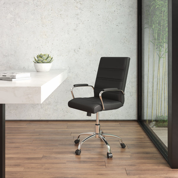 Black LeatherSoft/Chrome Frame |#| Mid-Back Black LeatherSoft Executive Swivel Office Chair with Chrome Frame/Arms