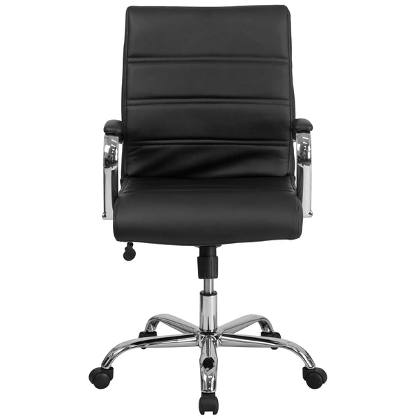 Black LeatherSoft/Chrome Frame |#| Mid-Back Black LeatherSoft Executive Swivel Office Chair with Chrome Frame/Arms