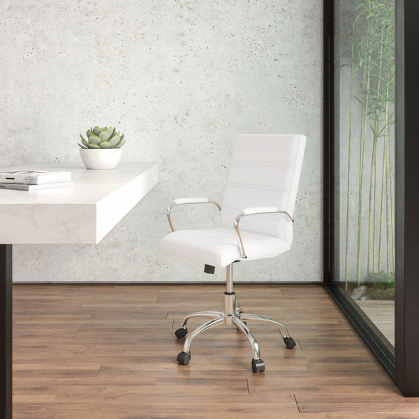 White LeatherSoft/Chrome Frame |#| Mid-Back White LeatherSoft Executive Swivel Office Chair with Chrome Frame/Arms