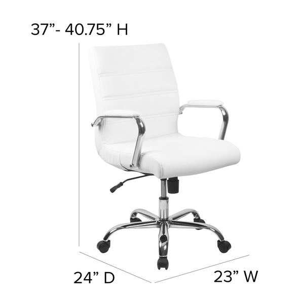 White LeatherSoft/Chrome Frame |#| Mid-Back White LeatherSoft Executive Swivel Office Chair with Chrome Frame/Arms