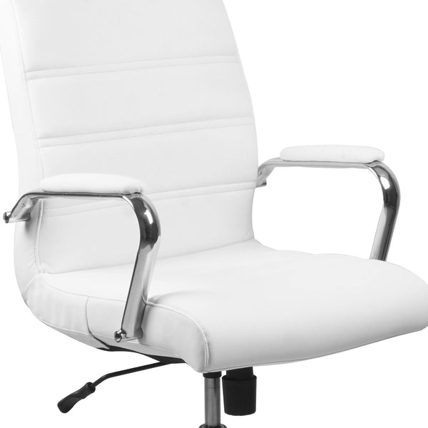 White LeatherSoft/Chrome Frame |#| Mid-Back White LeatherSoft Executive Swivel Office Chair with Chrome Frame/Arms