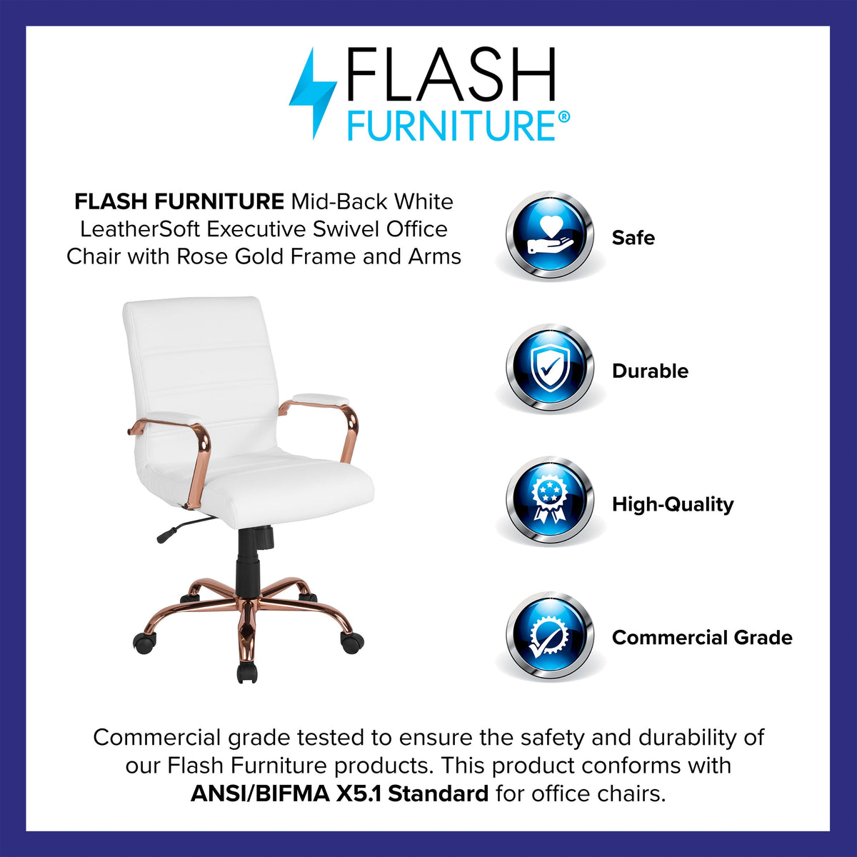 White LeatherSoft/Rose Gold Frame |#| Mid-Back White LeatherSoft Executive Swivel Office Chair - Rose Gold Frame/Arms