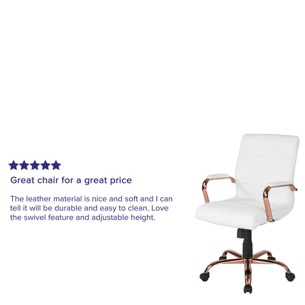 White LeatherSoft/Rose Gold Frame |#| Mid-Back White LeatherSoft Executive Swivel Office Chair - Rose Gold Frame/Arms