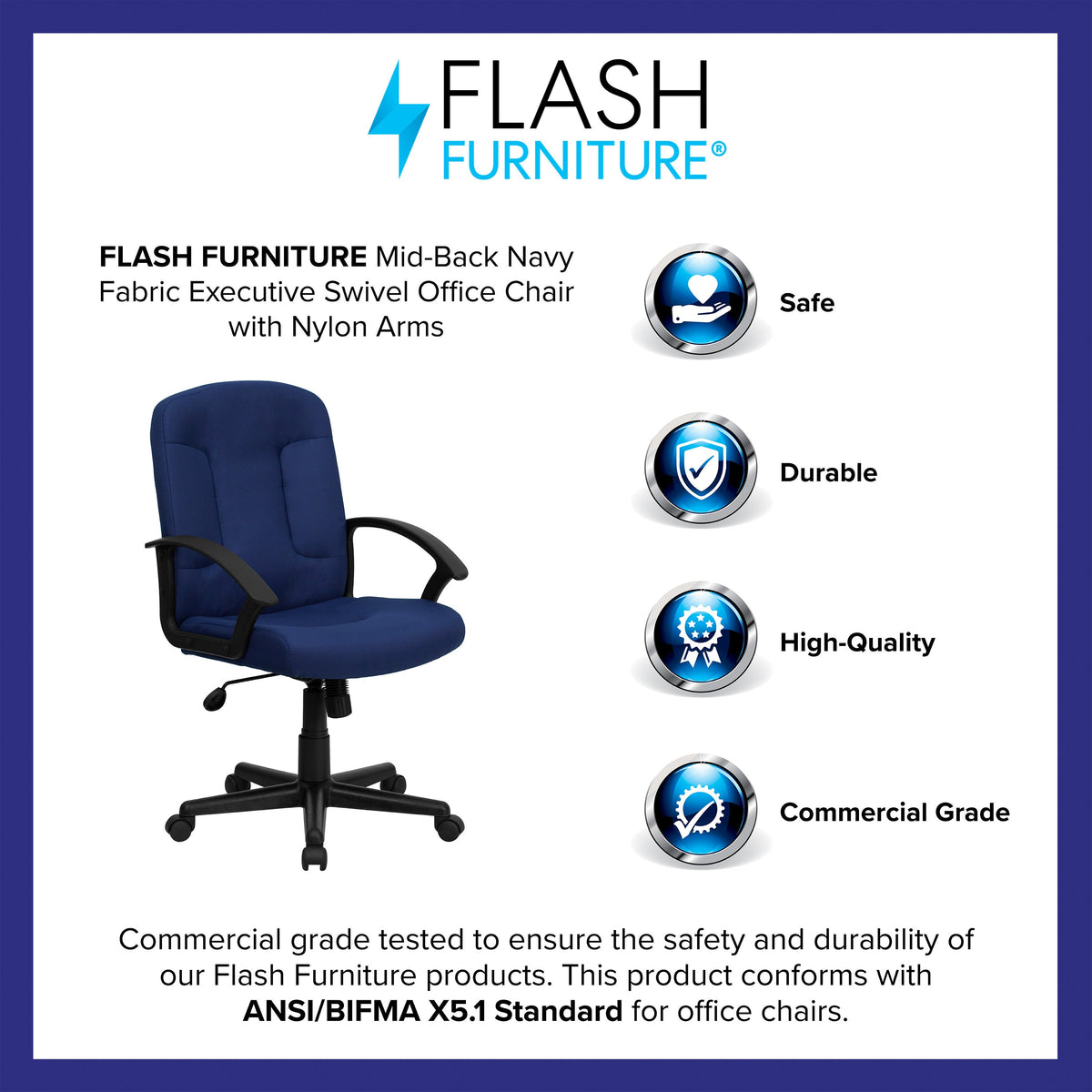 Navy |#| Mid-Back Navy Fabric Executive Swivel Office Chair with Nylon Arms