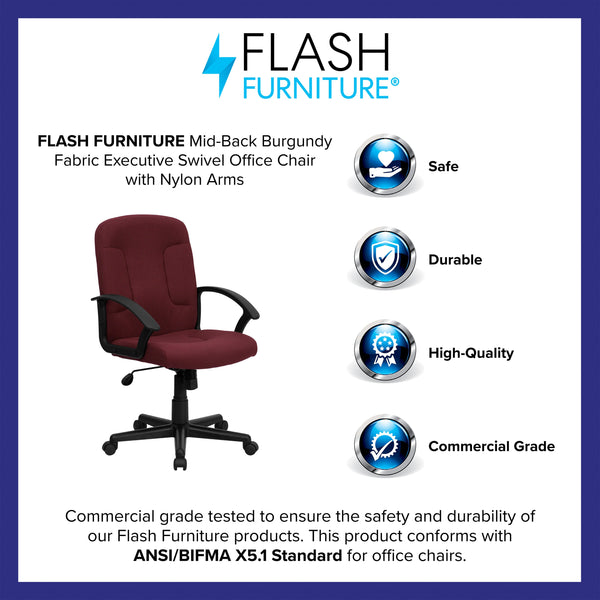 Burgundy |#| Mid-Back Burgundy Fabric Executive Swivel Office Chair with Nylon Arms
