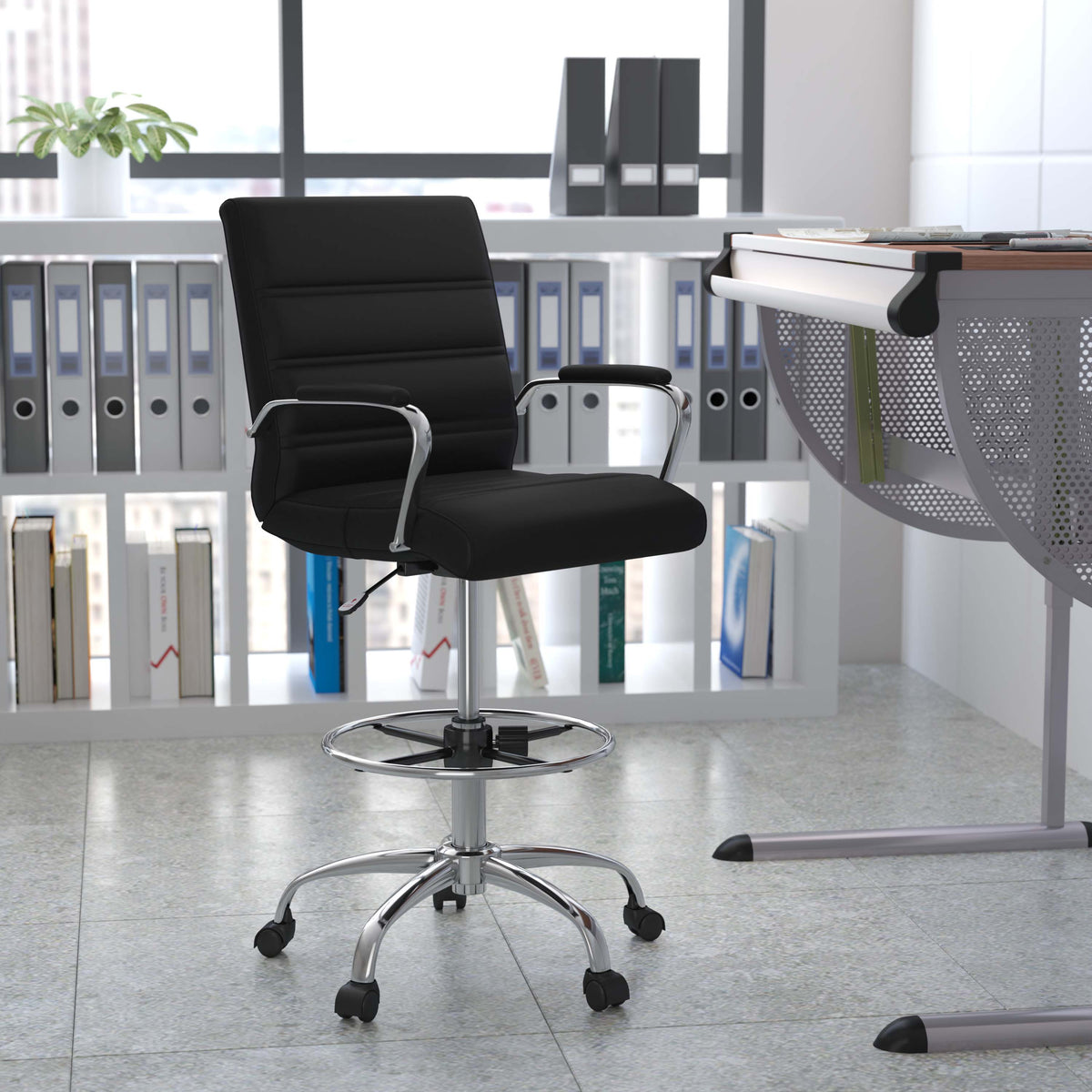 Black |#| Mid-Back Black LeatherSoft Drafting Chair - Adjustable Foot Ring and Chrome Base