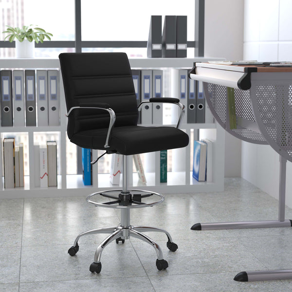 Black |#| Mid-Back Black LeatherSoft Drafting Chair - Adjustable Foot Ring and Chrome Base