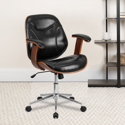 Mid-Back LeatherSoft Executive Ergonomic Wood Swivel Office Chair with Arms