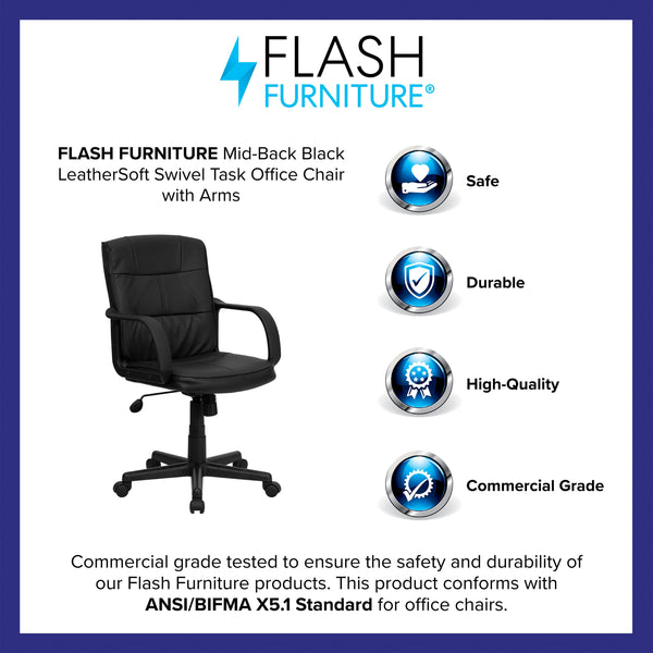 Mid-Back Black LeatherSoft Swivel Task Office Chair with Arms - Home Office