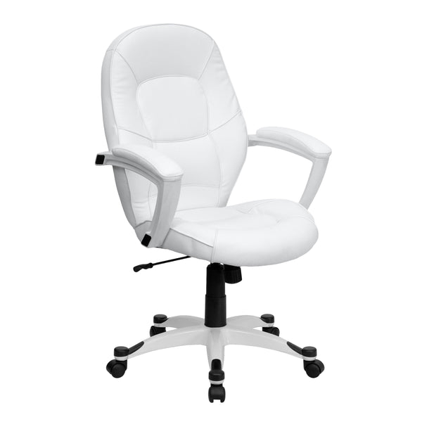 Mid-Back White LeatherSoft Tapered Back Executive Swivel Office Chair with Arms