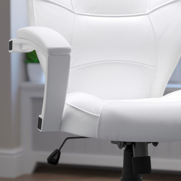 Mid-Back White LeatherSoft Tapered Back Executive Swivel Office Chair with Arms