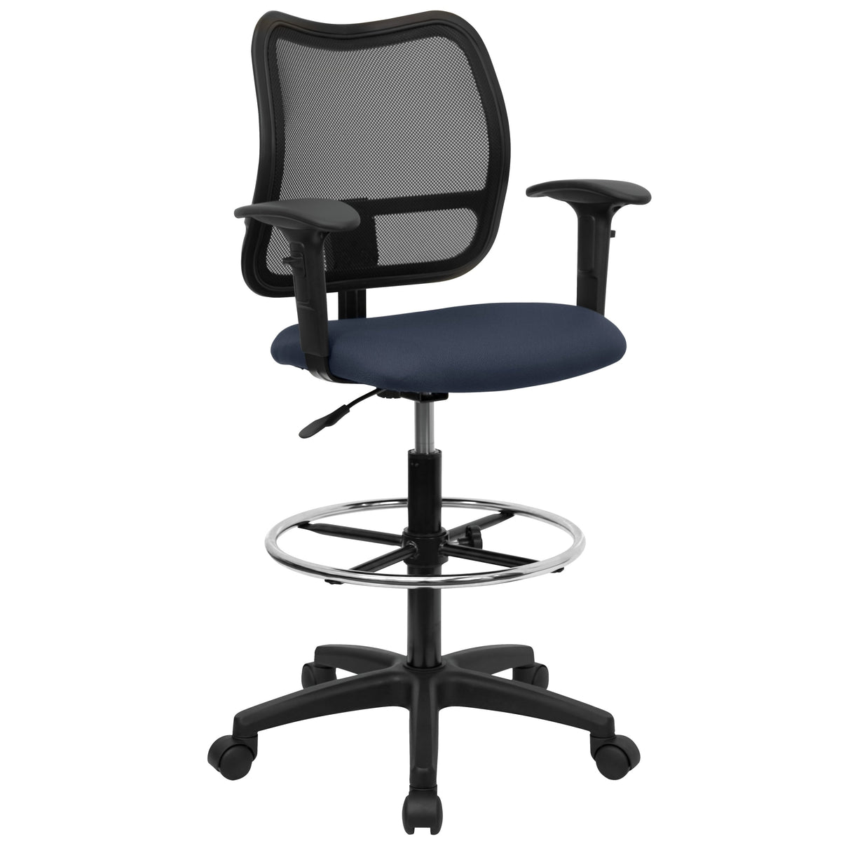 Navy Blue |#| Mid-Back Navy Blue Mesh Drafting Chair with Adjustable Arms