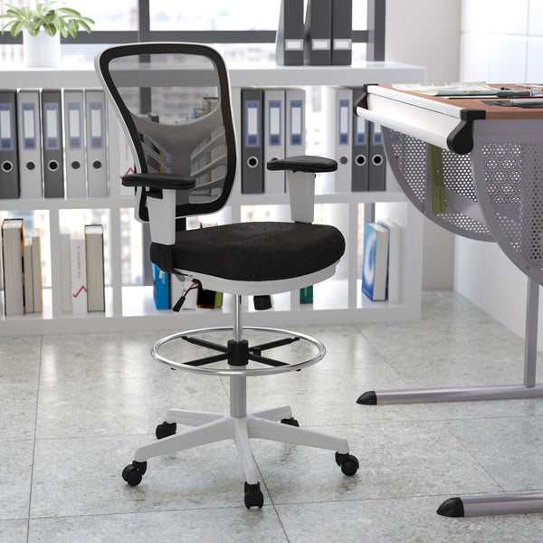 Black Mesh/White Frame |#| Mid-Back Black Mesh Ergonomic Drafting Chair/White Frame - Adjustable Foot Ring