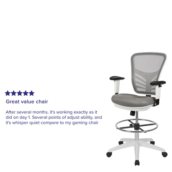 Light Gray Mesh/White Frame |#| Mid-Back Gray Mesh Ergonomic Drafting Chair/White Frame - Adjustable Foot Ring