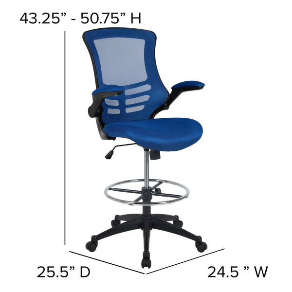 Blue Mesh/Black Frame |#| Mid-Back Blue Mesh Ergonomic Drafting Chair with Foot Ring and Flip-Up Arms