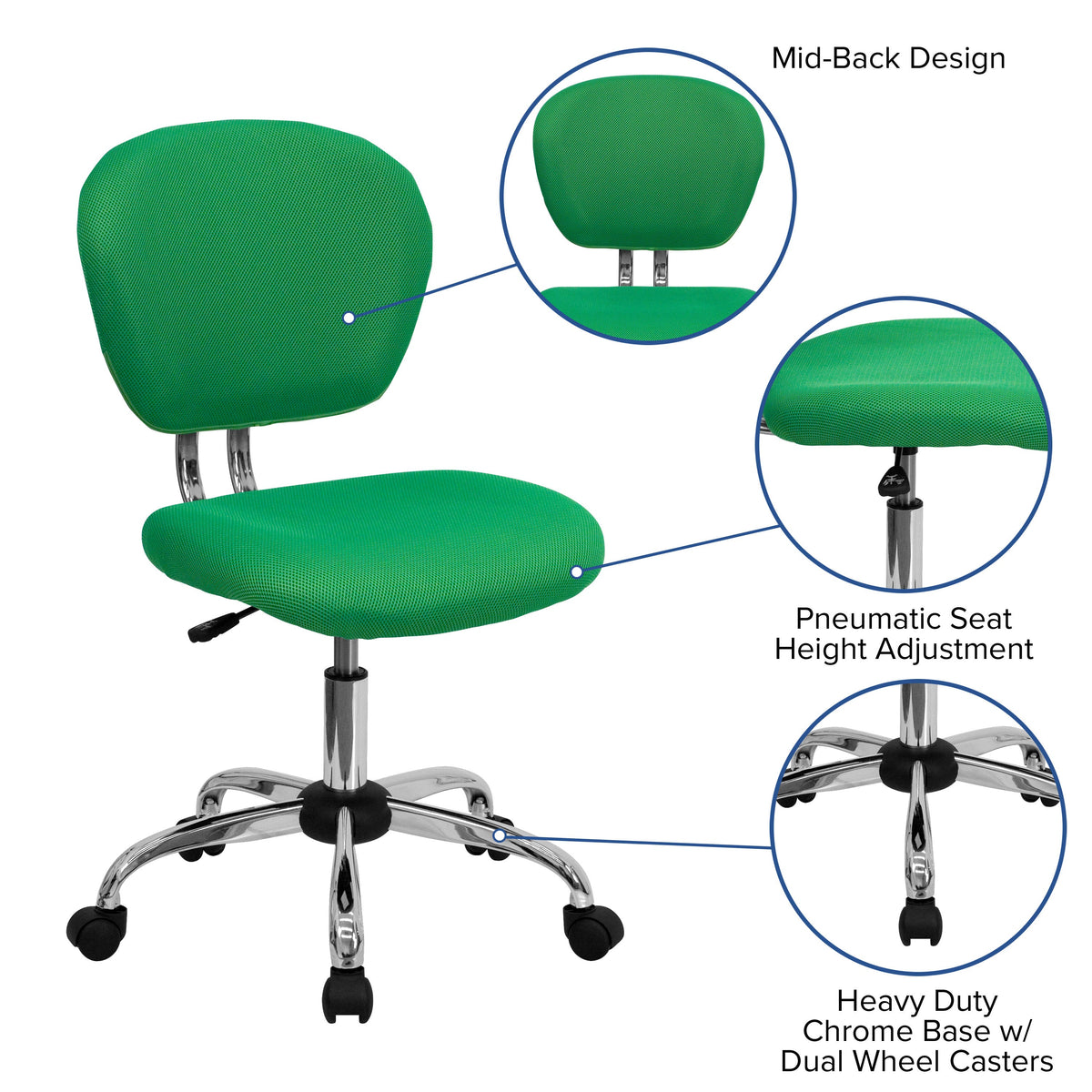 Bright Green |#| Mid-Back Bright Green Mesh Padded Swivel Task Office Chair with Chrome Base