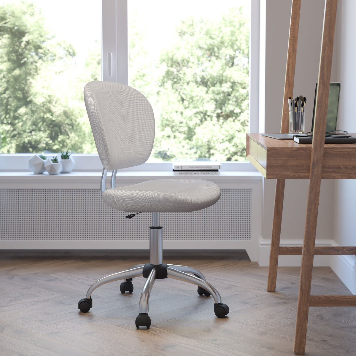 White |#| Mid-Back White Mesh Padded Swivel Task Office Chair with Chrome Base