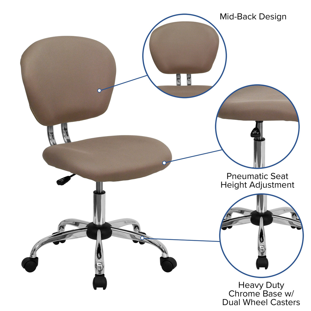 Coffee Brown |#| Mid-Back Coffee Brown Mesh Padded Swivel Task Office Chair with Chrome Base