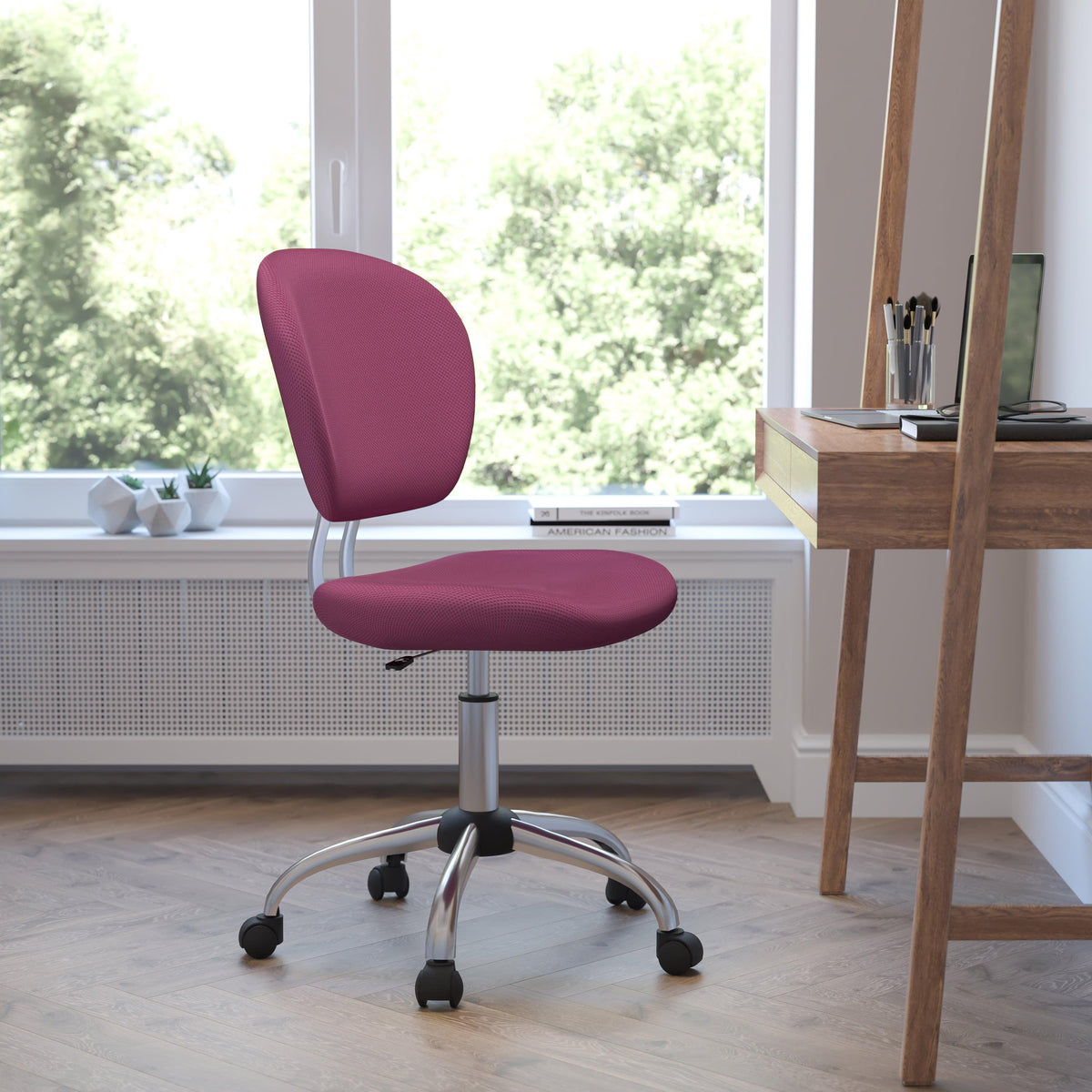 Pink |#| Mid-Back Pink Mesh Padded Swivel Task Office Chair with Chrome Base