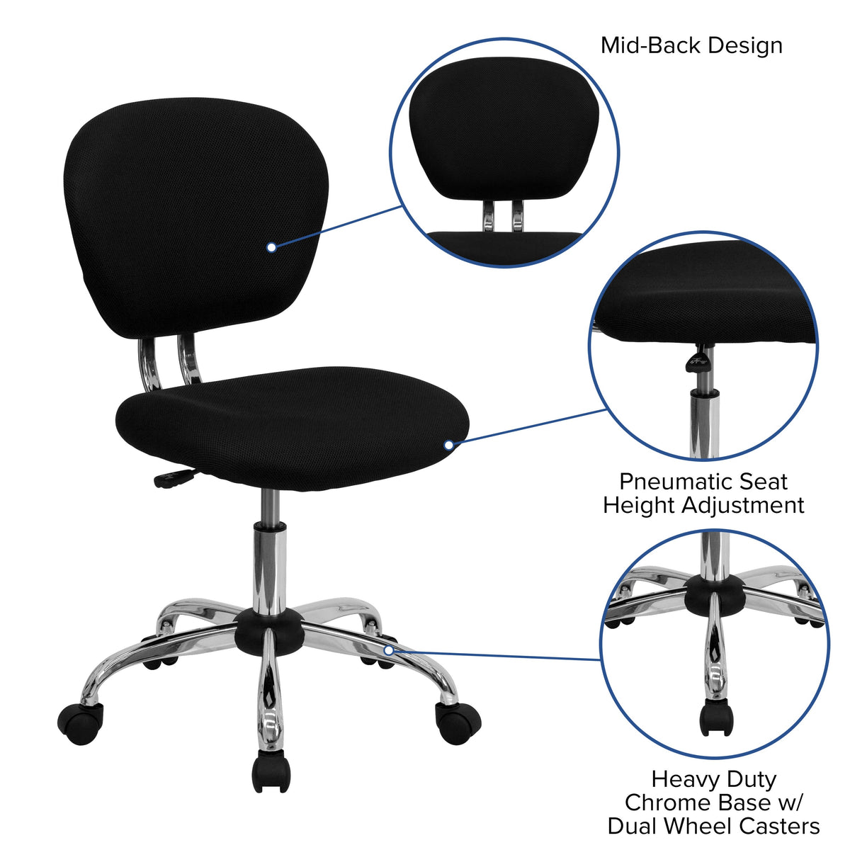 Black |#| Mid-Back Black Mesh Padded Swivel Task Office Chair with Chrome Base