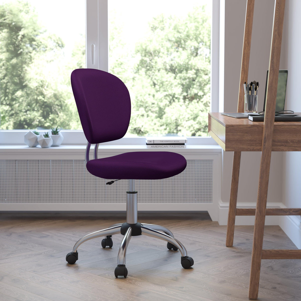 Purple |#| Mid-Back Purple Mesh Padded Swivel Task Office Chair with Chrome Base