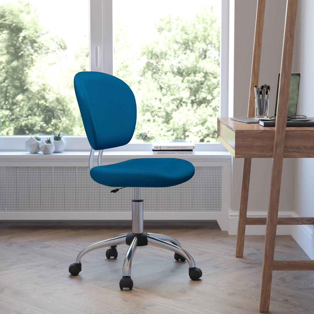 Turquoise |#| Mid-Back Turquoise Mesh Padded Swivel Task Office Chair with Chrome Base