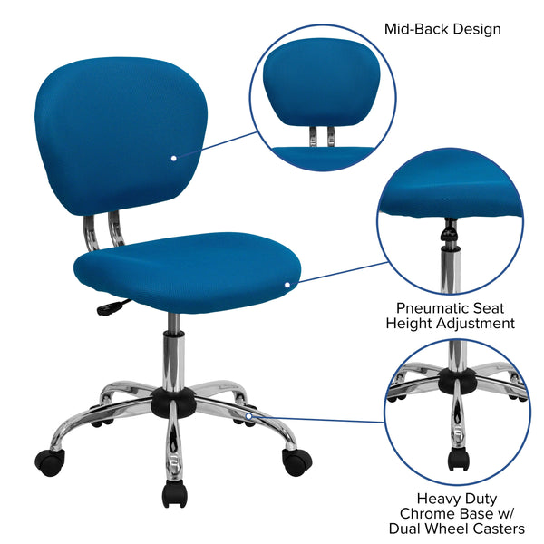 Turquoise |#| Mid-Back Turquoise Mesh Padded Swivel Task Office Chair with Chrome Base