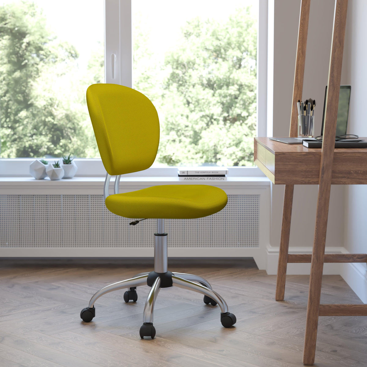 Yellow |#| Mid-Back Yellow Mesh Padded Swivel Task Office Chair with Chrome Base