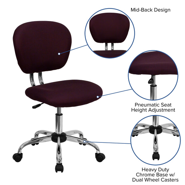 Burgundy |#| Mid-Back Burgundy Mesh Padded Swivel Task Office Chair with Chrome Base