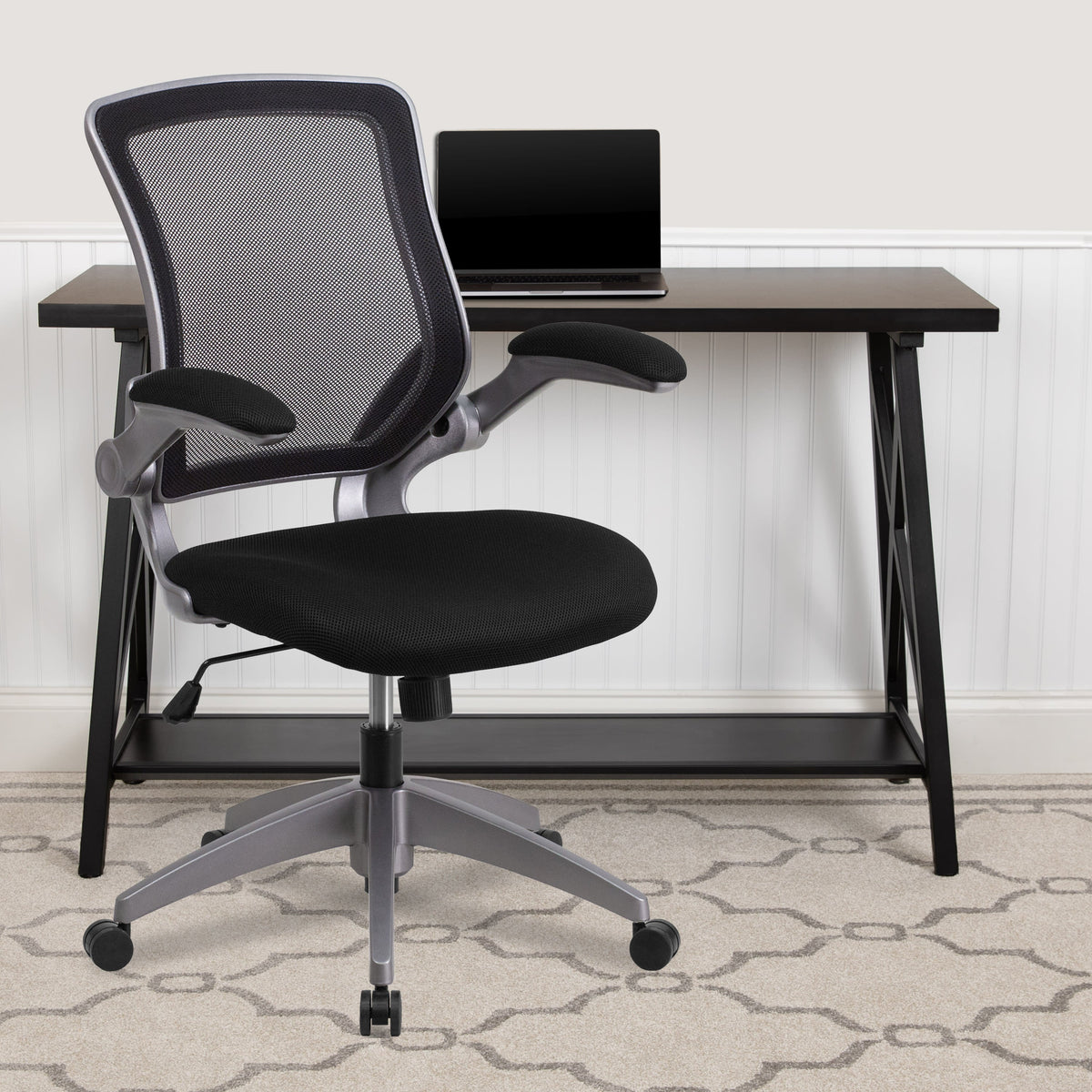 Black |#| Mid-Back Black Mesh Ergonomic Task Office Chair with Gray Frame and Flip-Up Arms