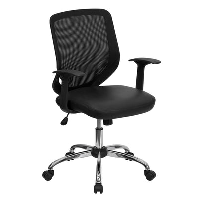 Mid-Back Mesh Tapered Back Swivel Task Office Chair with LeatherSoft Seat, Chrome Base and T-Arms