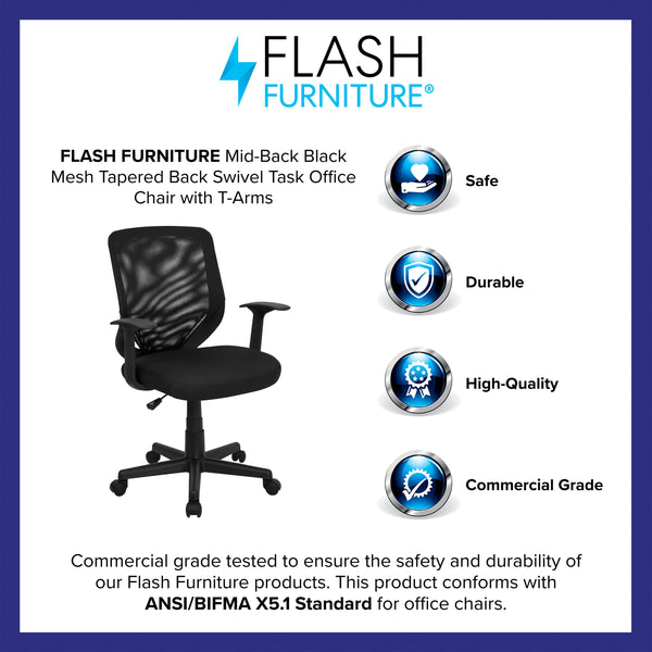 Mid-Back Black Mesh Tapered Back Swivel Task Office Chair with T-Arms