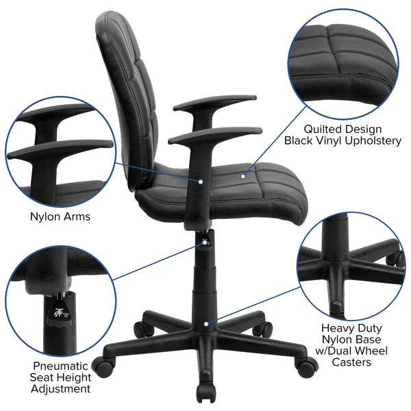 Black |#| Mid-Back Black Quilted Vinyl Swivel Task Office Chair with Arms - Home Office